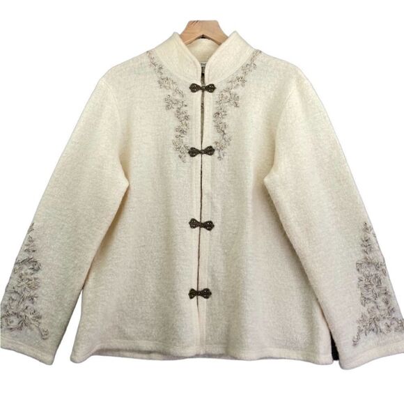 ColdWater Creek- Women’s Cream Boiled Wool Winter Nordic Embroidered Cardigan, L - Picture 1 of 7